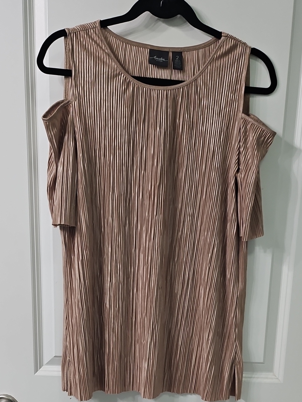 Lush Metallic Pleated Cold-Shoulder Blouse - Champagne